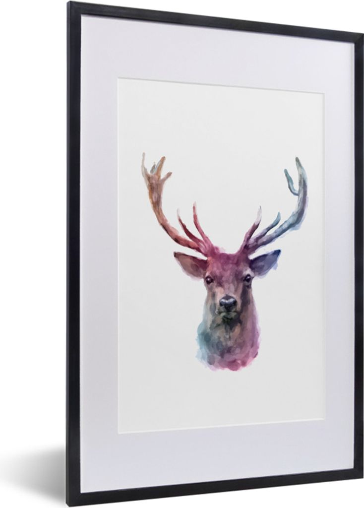 MuchoWow MuchoWow Gerahmtes Poster Hirsche - Aquarell - Weiß 40x60 cm - Poster mit zchwarzem Bilderrahmen - Poster in Rahmen
