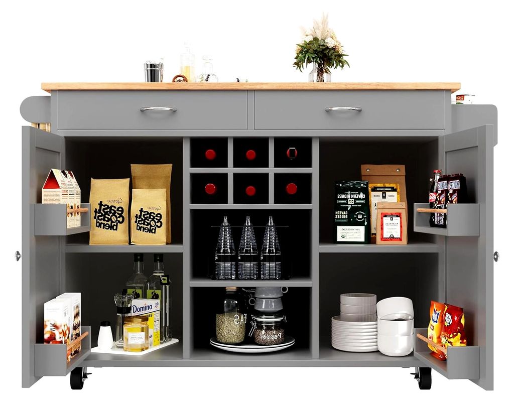 Kücheninsel (102×45×92 cm), Küchenschrank, Buffetschrank, Speisewagen mit Holzmaserung, multifunktionaler Esstisch mit Stauraum, Grau