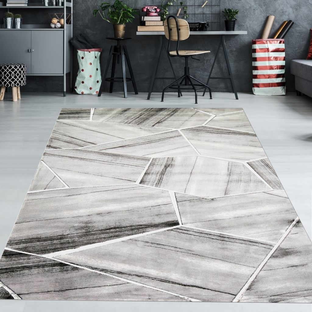 Wohnzimmerteppich geometrisches Muster in grau creme Größe - 120 x 170 cm