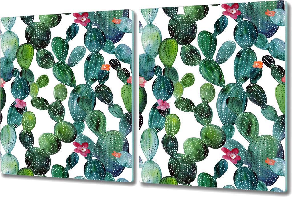 Glas-Herdabdeckplatte Glaskeramikkochfeld-Abdeckung Spritzschutz - 2x 40x52 cm - Kakteen mit Blumen