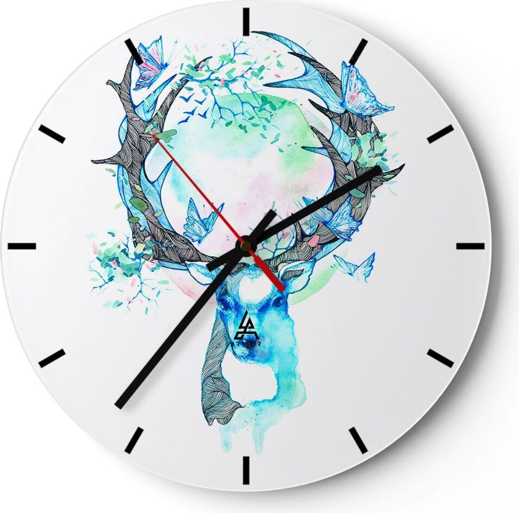 Wanduhr - Rund - Glasuhr - Hirsch Natur Landschaft Dekoration - 30x30cm - Schleichendes Uhrwerk - Lautlos - zum Aufhängen bereit - Dekoration Mode...
