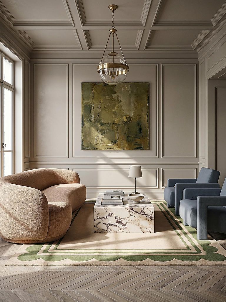 Teppich Wolle Kurzflor Grafisches Muster Grün-Beige 160x230 cm Wohnbereich Essbereich Modern WENSUM | Kadima Design