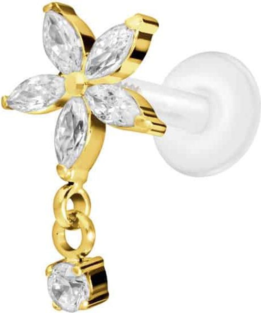 Ohrpiercing, Nasenpiercing PTFE Labret mit Innengewinde + Titan-Aufsatz KRISTALLBLUME + KRISTALL Gold Stablänge: 7mm | Stabstärke: 1,2mm