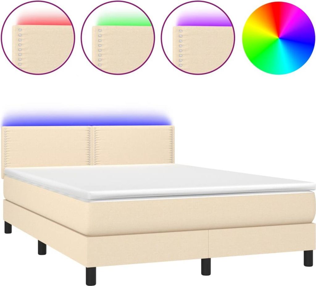 vidaXL Boxspringbett mit Matratze & LED Creme 140x190 cm Stoff