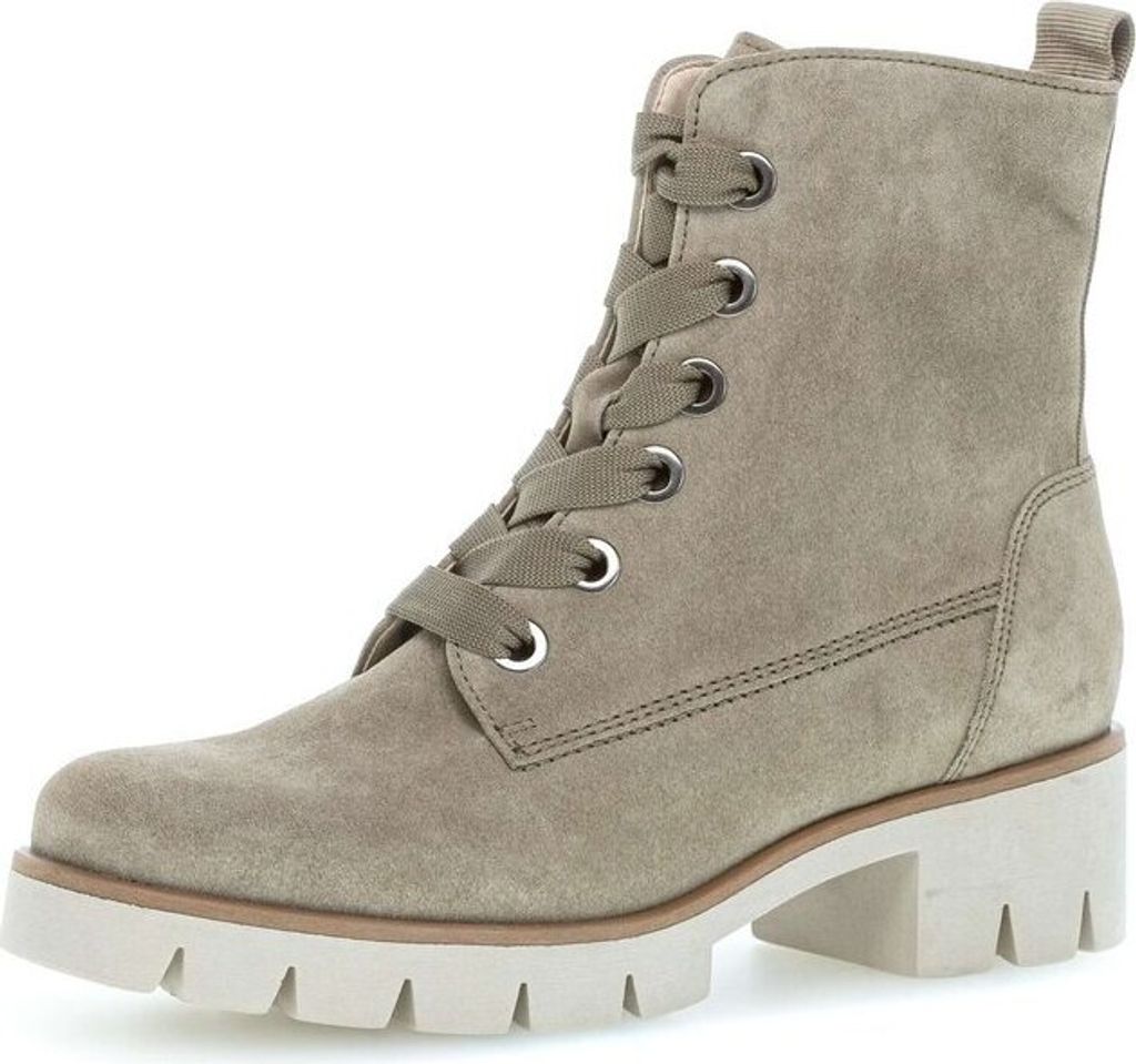 A single grey suede biker boot with laces and a thick white sole, shown from a side-diagonal angle on a white background.