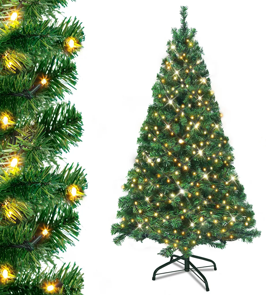 Arbre de Noël artificiel vert 210 cm avec éclairage LED et pied métal