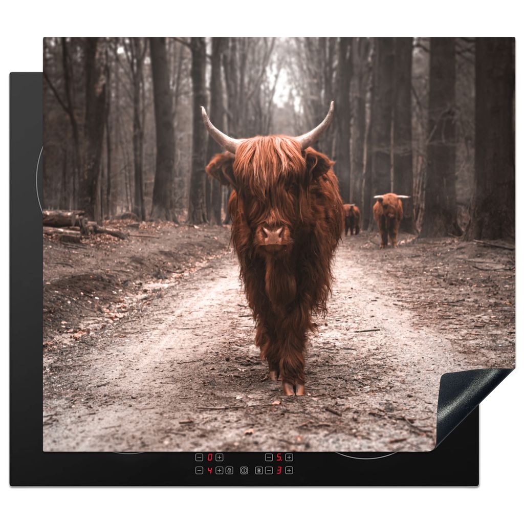 KitchenYeah Herdabdeckplatte Schottische Highlander - Tiere - Bäume , 58x51cm, Küche Deko, Glaskeramikkochfeld Herdabdeckung, Abdeckplatte fùr...