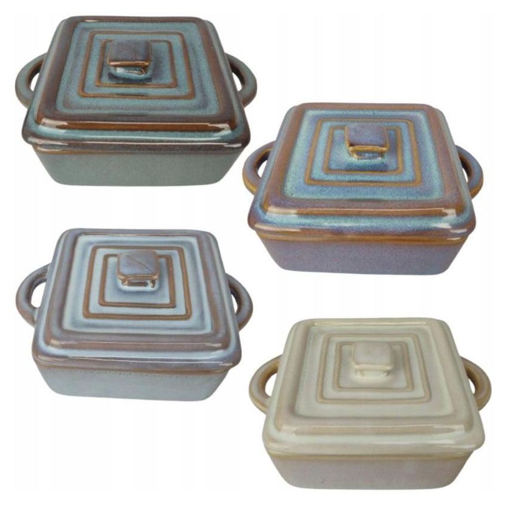 Four ceramic ramekins with lids are arranged in a collage.