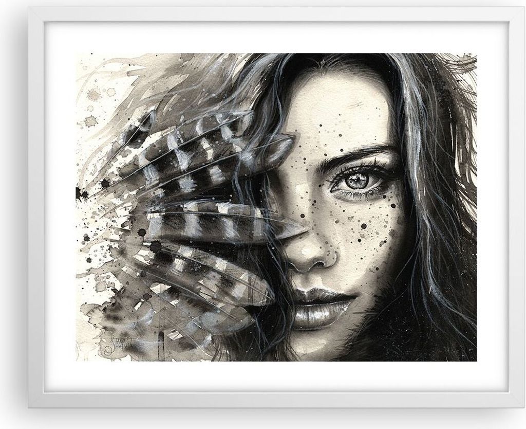 Gerahmtes Poster - Weißer Rahmen - Frau Federn Lippen Kunst. - 50x40 cm - Wand Bild - Wanddeko - Wandbilder - Kunstposter - Wandposter - Bilderrah...