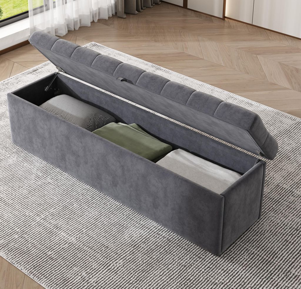 Polsterbank, mit Hydraulischem Stauraum, Gepolsterte Sitzbank, Betthocker, Bank mit Stauraum, für Schlafzimmer, Flur, 138x41x42cm, Samt, Grau