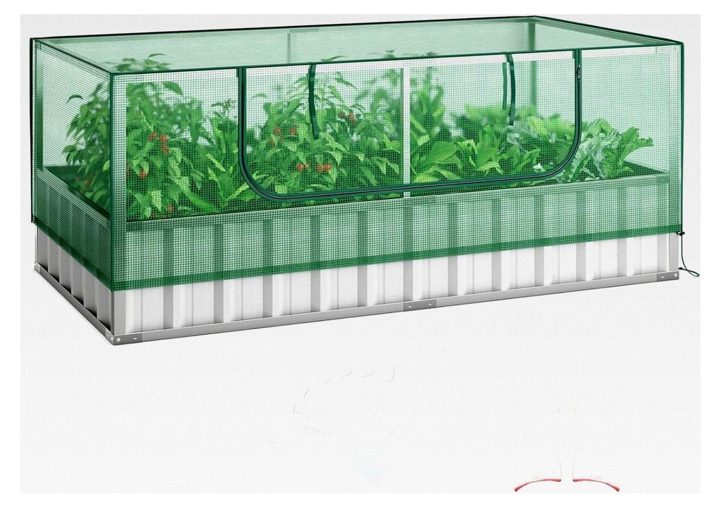 2-in-1 Hochbeet mit Gewächshaus, Pflanzenbeet aus Metall, Gartenbeet mit abnehmbarer PE-Abdeckung, Rolltür und Handschuhen, Blumenbeet, Frühbeet...