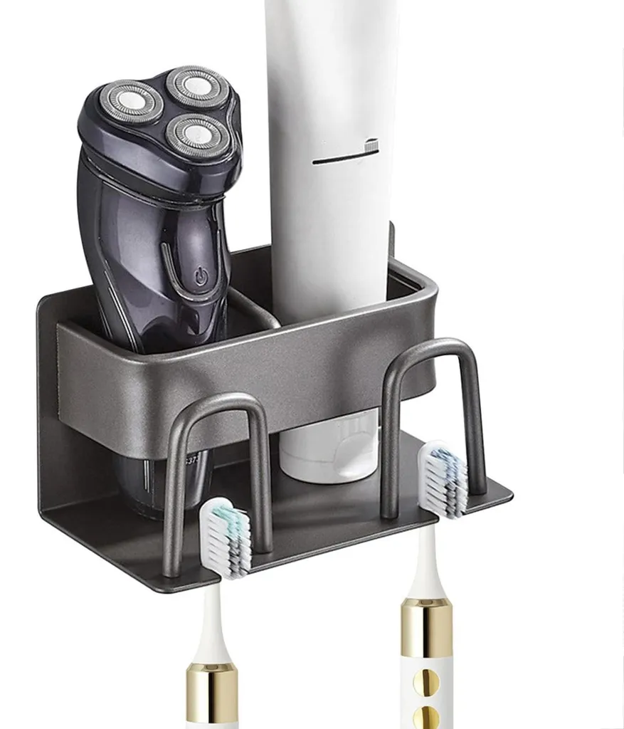 Porte-verre à brosses à dents gris avec fixation murale sans perçage