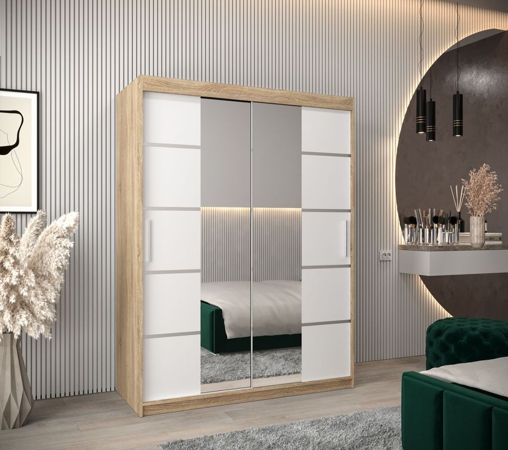 Schrank mit Spiegeln VIVIEN – Breite 150 cm, Eiche Sonoma / Weiß