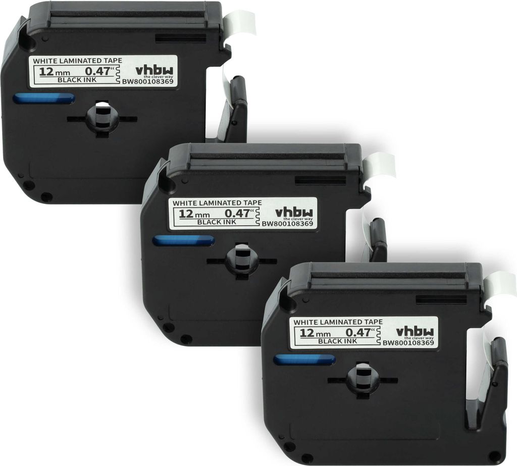 vhbw 3x Schriftband-Kassette kompatibel mit Brother P-Touch 80SCCP, BB4, 90, H100, 80, 85 Etiketten-Drucker 8m x 12mm Schwarz auf Weiß, Kunststoff
