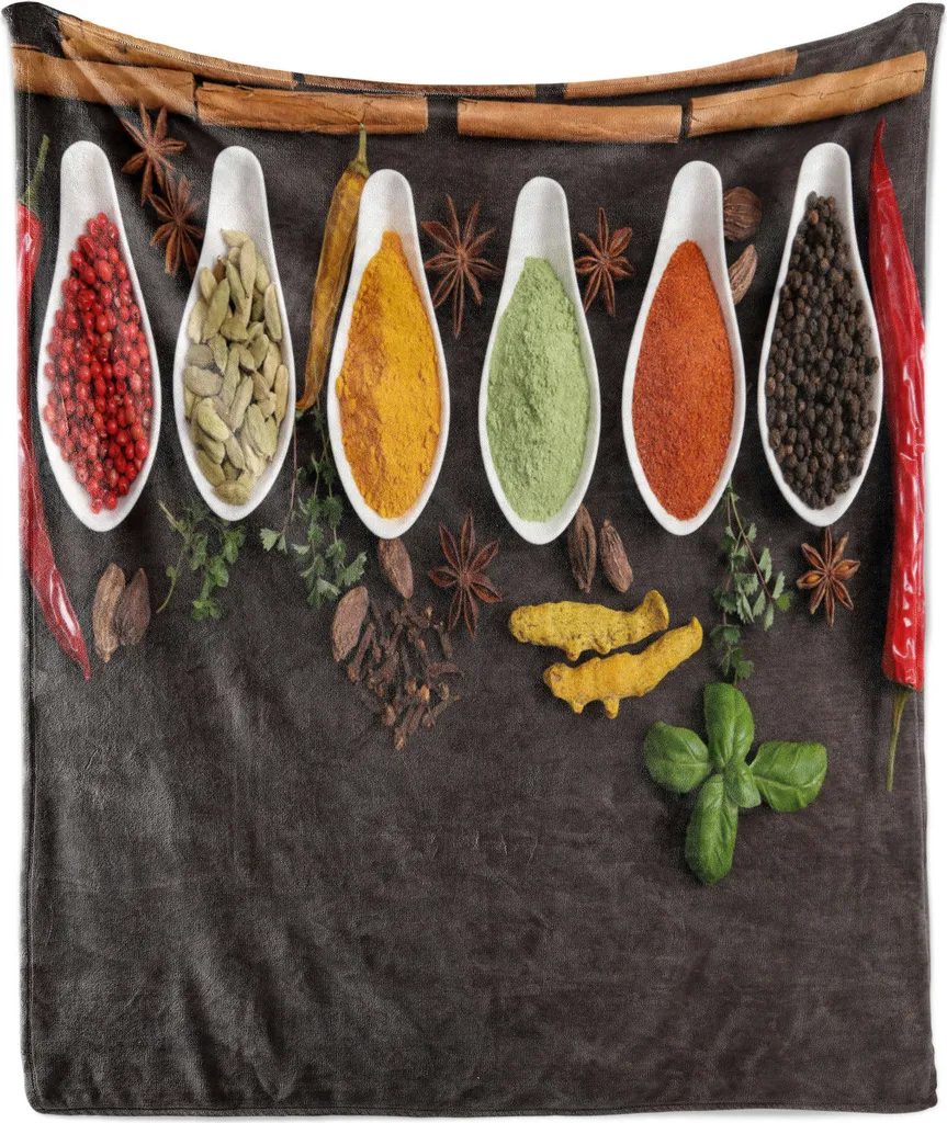 ABAKUHAUS Coperta in morbido pile di flanella, immagine superiore con erbe aromatiche e spezie disposte orizzontalmente Ethnic Tastes, 175 x 230 cm, multicolore