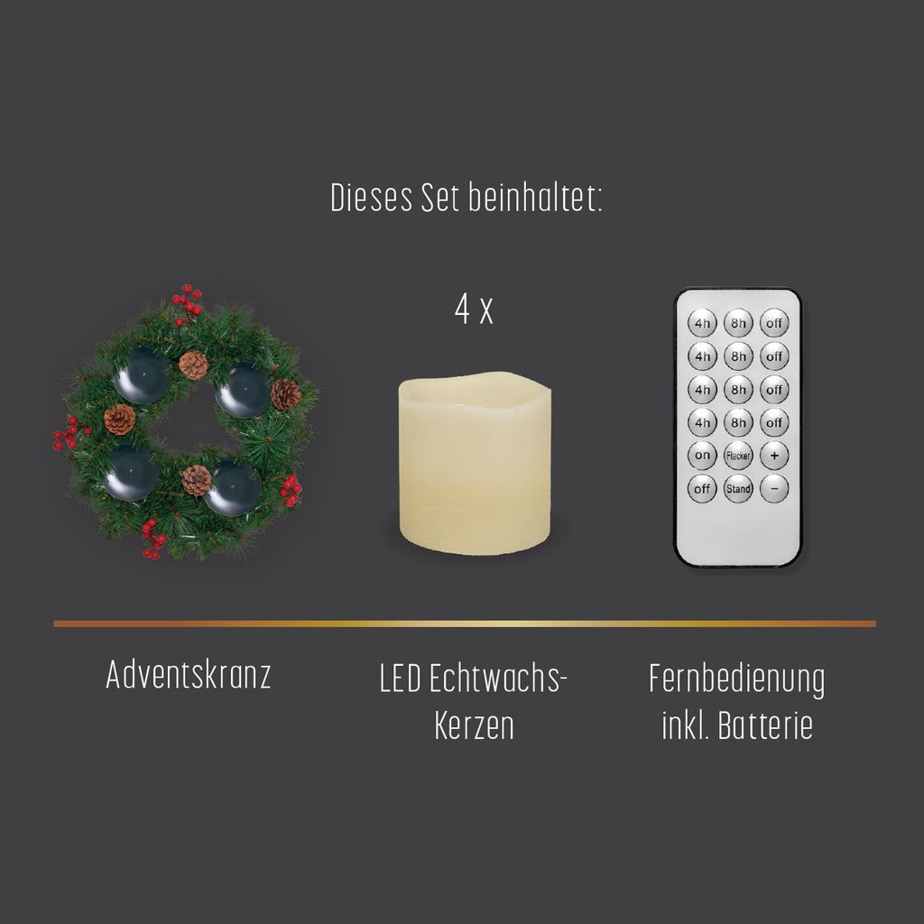 Künstlicher Adventskranz Ø 45 cm mit 4 LED Kerzen aus Produktbild 3