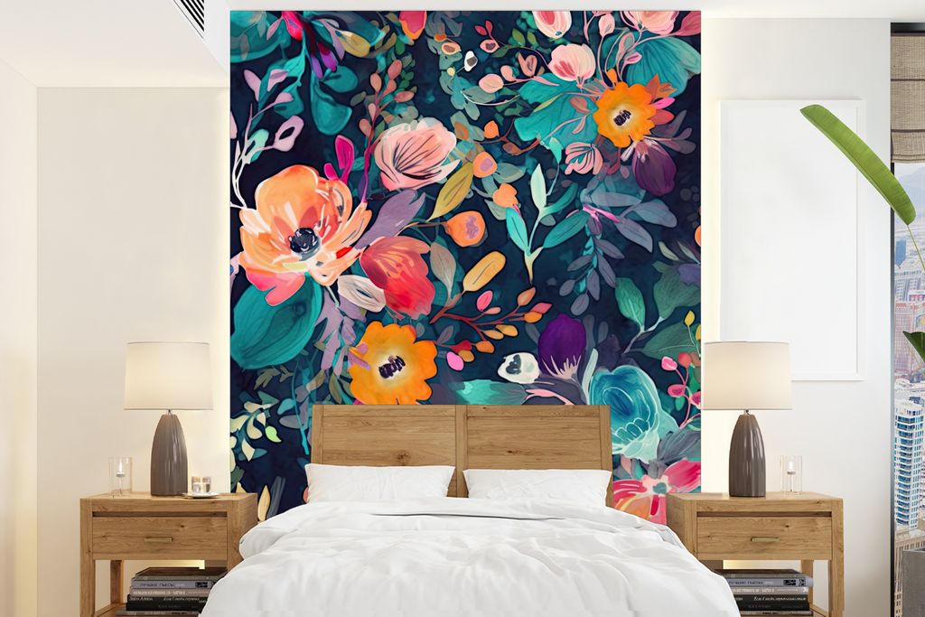 MuchoWow Fototapete für Wohnzimmer oder Schlafzimmer Wandtapete Vinyl Motivtapete Bunt - Blumen - Kunst - Natur - Hippie - 165x220 cm - Wanddeko...
