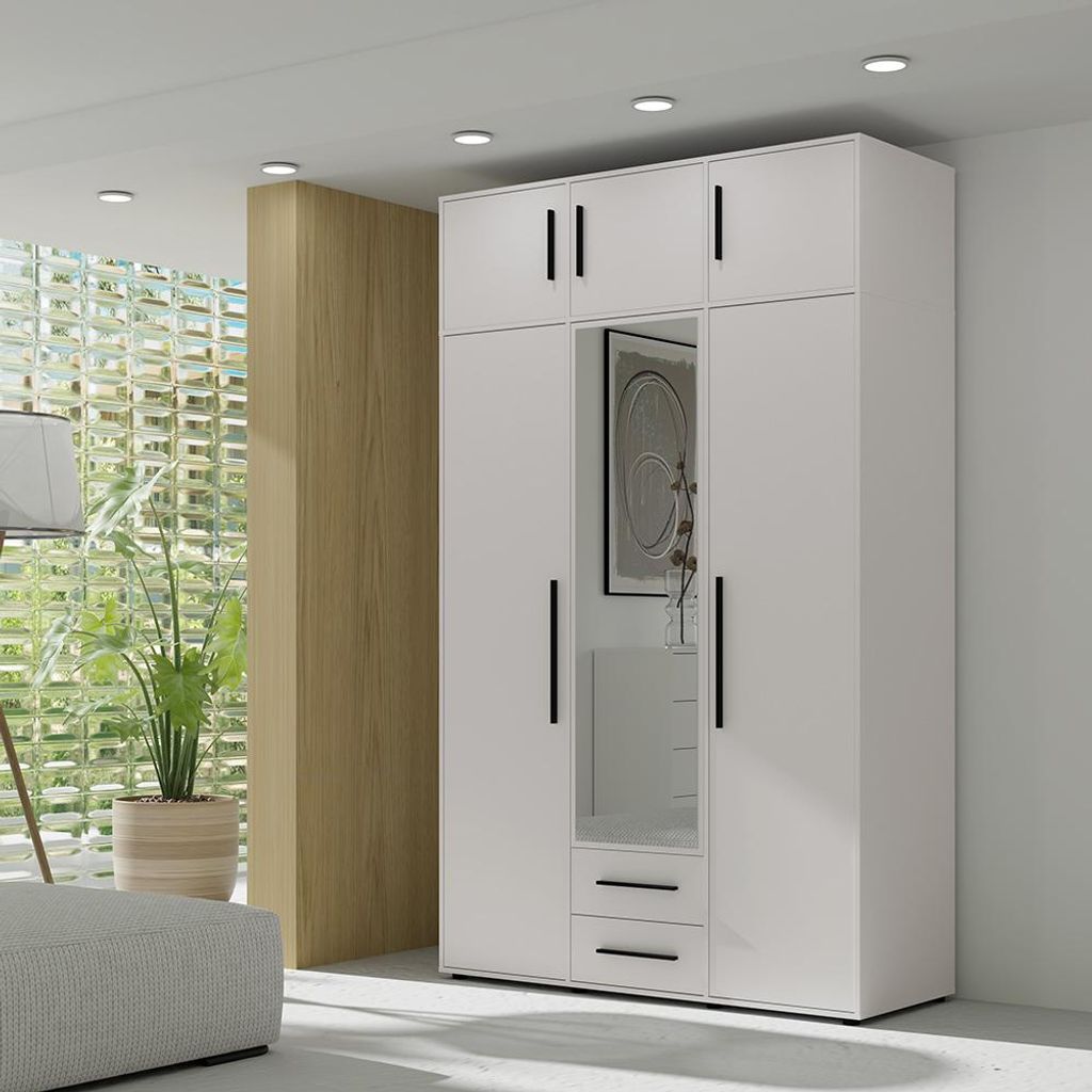 Schlafzimmer Kleiderschrank mit Aufsatzschrank, 150 cm breit, weiß matt mit schwarzen Griffen, 6 Türen & 2 Schubladen - MOLLERUSA-132