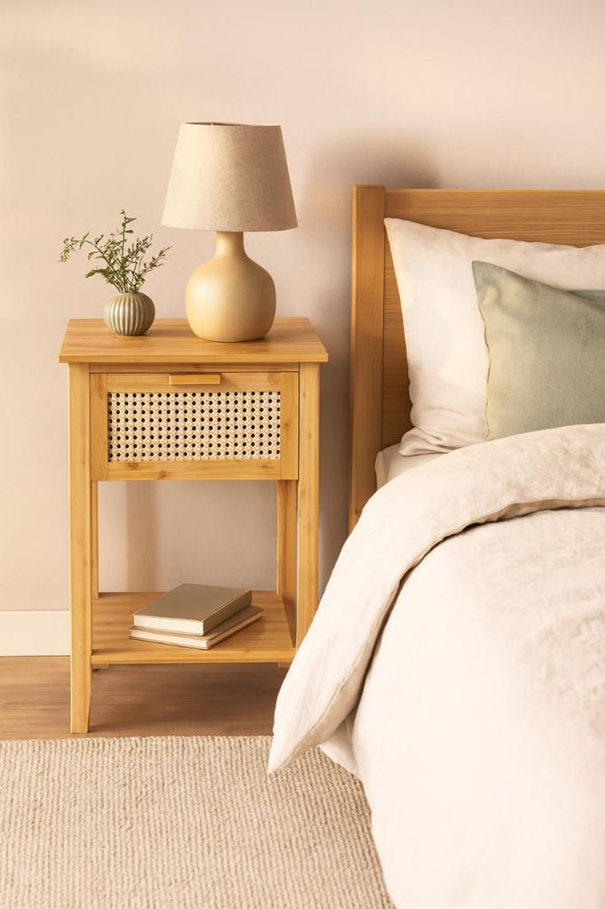 Table De Chevet En Bambou Avec Tiroir En Rotin & Plateau En Verre, Table De Nuit Style Simple Moderne Avec Espace De Rangement Caché(2, Marron) | Leroy Merlin