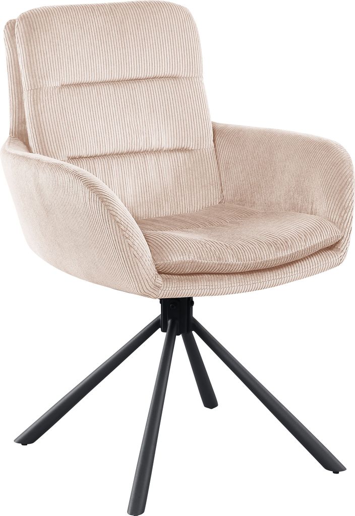 SalesFever Armlehnstuhl mit 360° Drehfunktion | Stoffbezug in Cord-Optik | Baseball-Gestell Metall | B 60 x T 64 x H 89 cm | beige – schwarz