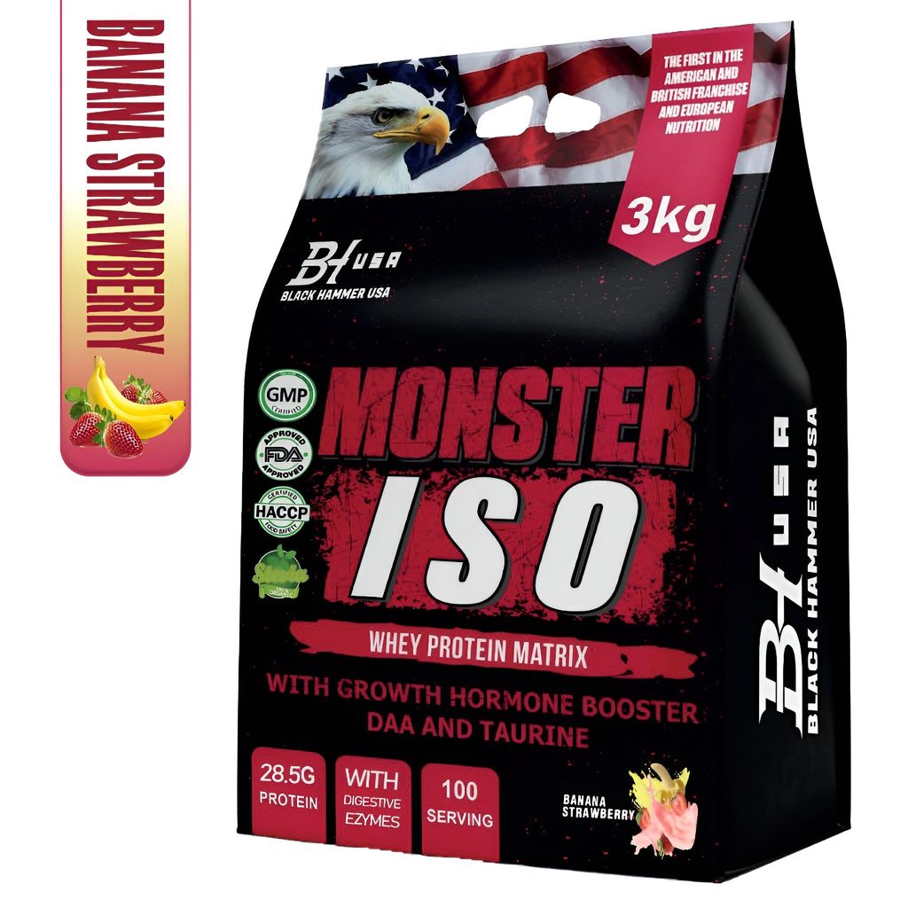 MONSTER Whey Isolate 3 kg Erdbeer-Banane | 26,1 g Protein Shake mit Stevia & DAA | Muskelaufbau, Regeneration & Kraft – Black Hammer USA