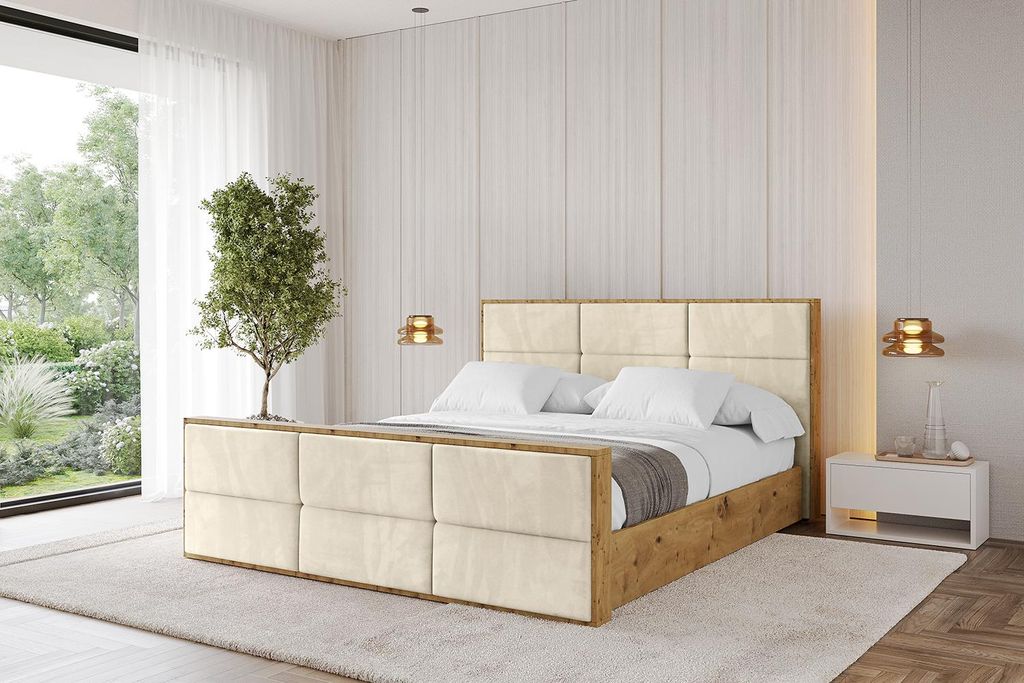ALTDECOR Polsterbett mit Bettkasten - ENZO1-Z - 140x200 Beige- Bett mit Kopfteil und Fußteil, Boxbett ohne Matratze, Doppelbett mit Stauraum
