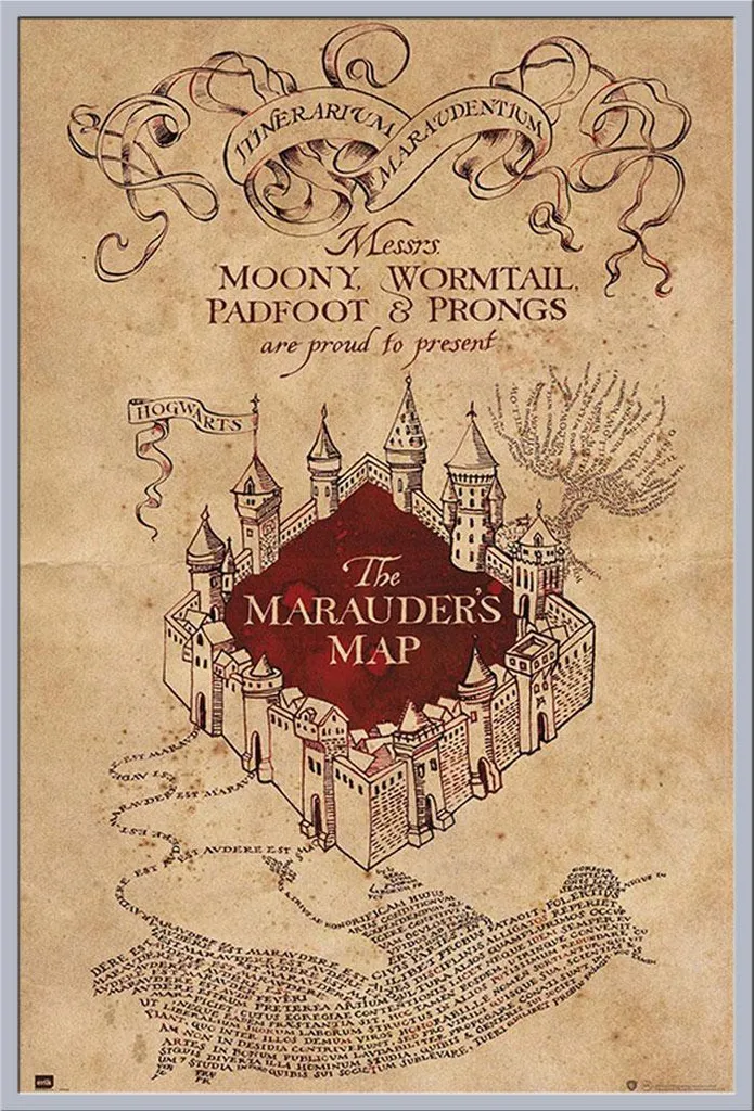 Affiche Harry Potter Carte du Maraudeur avec cadre argenté Shinsuke®