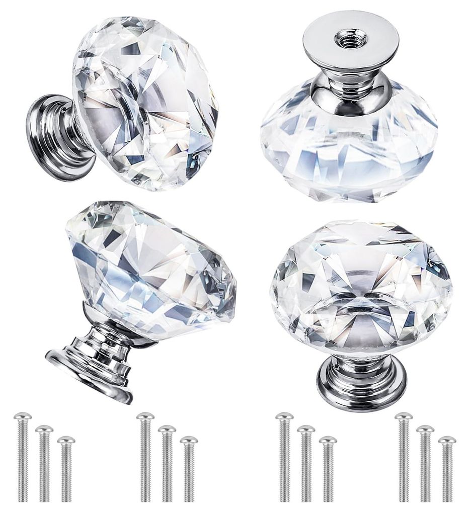 4 Kristall-Schubladenknöpfe mit Schrauben in 3 Größen, 30 mm, kristallförmige Schrankknöpfe, Türknöpfe für Kleiderschränke, Kommoden, Glas...