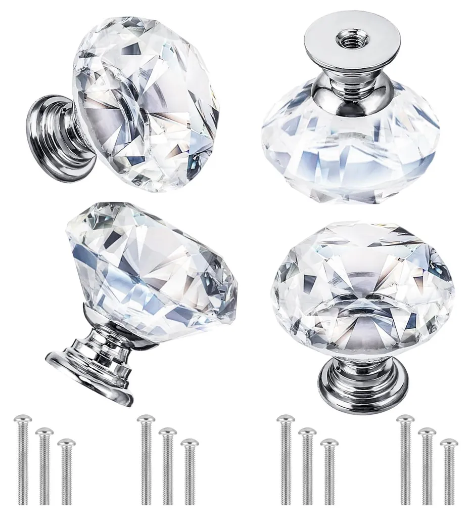 Bouton de tiroir transparent en verre et cristal avec vis de fixation