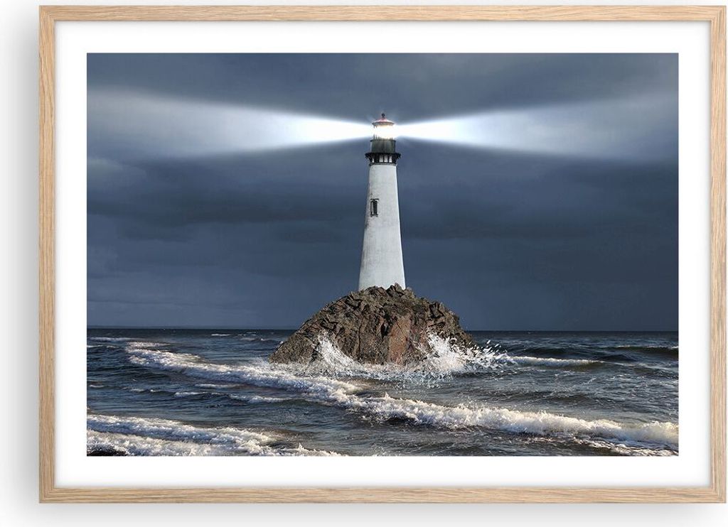 Gerahmtes Poster - Rahmen in heller Eiche - Leuchtturm Meer - 70x50 cm - Wand Bild - Wanddeko - Wandbilder - Kunstposter - Wandposter - Bilderrahme...
