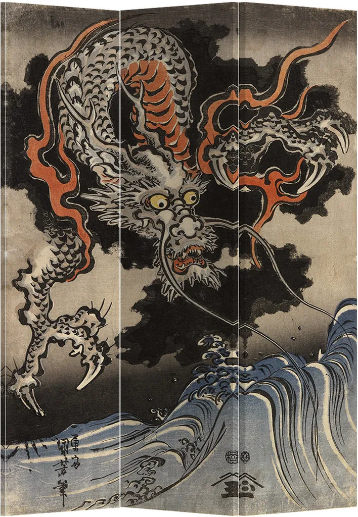 Paravent Design Dragons Japonais en Bois et Toile Canvas 3 Volets