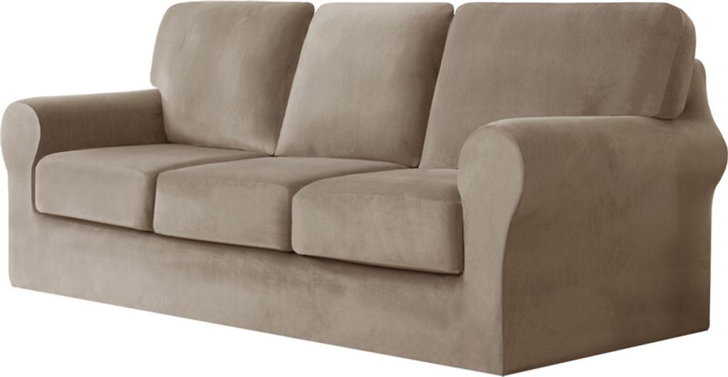 (Hellbraun) 7-teiliger Stretch-Sofabezug, 3-Sitzer-Couchbezug mit separaten Rückenlehnen und Kissen mit Gummiband