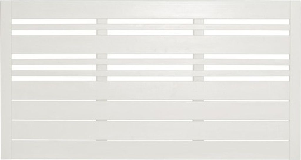 A white wooden fence panel with horizontal slats.