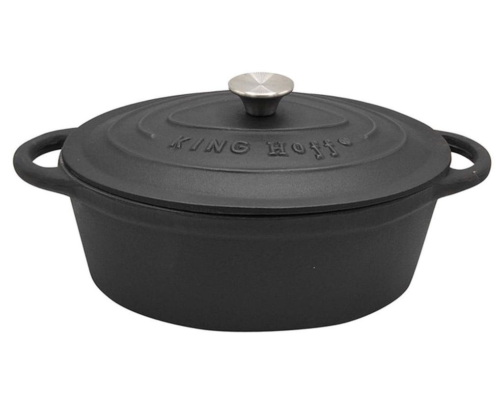 A black cast iron pot with a silver lid handle is shown against a white background.
