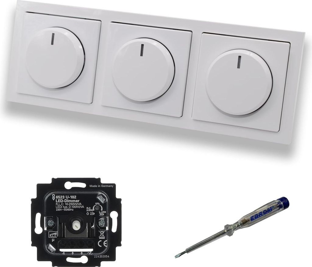 Busch Jäger 6523U-102 (3 Stück) LED Drehdimmer Dimmer + Dimmerscheiben 6540-84-102 in Future Linear Studioweiß glänzend im 3-fach Rahmen inkl. ...