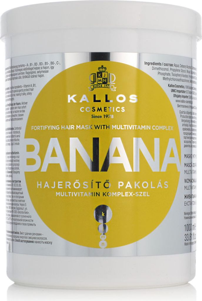 A white tub of Kallos Banana Hair Mask with a large yellow circular label.