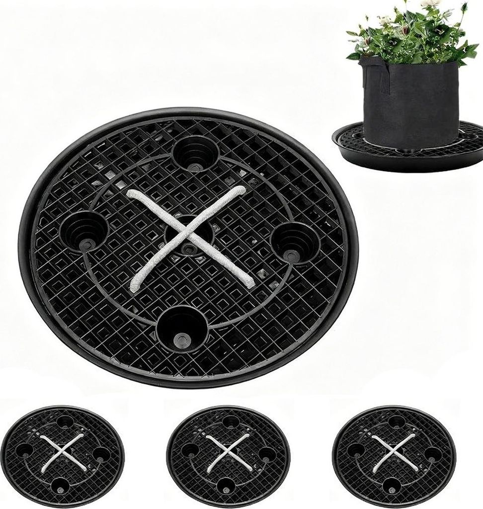 4-teiliges Pflanzuntersetzer-Set mit Ständern, 5 Gallonen Pflanzsack, Kunststoff, automatische Bewässerung für Garten & Balkon
