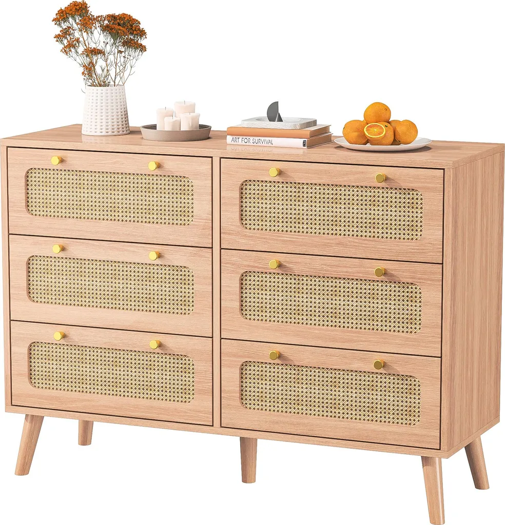 Commode Cannage Rotin et Bois de Chêne avec 6 Grands Tiroirs de Stockage