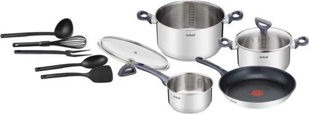 Kochset 11-teilig mit Edelstahl, RVS Ergonomie, Induktionsfunktion, Maßverteilung, Sicherheitsdeckel, Thermosignal.