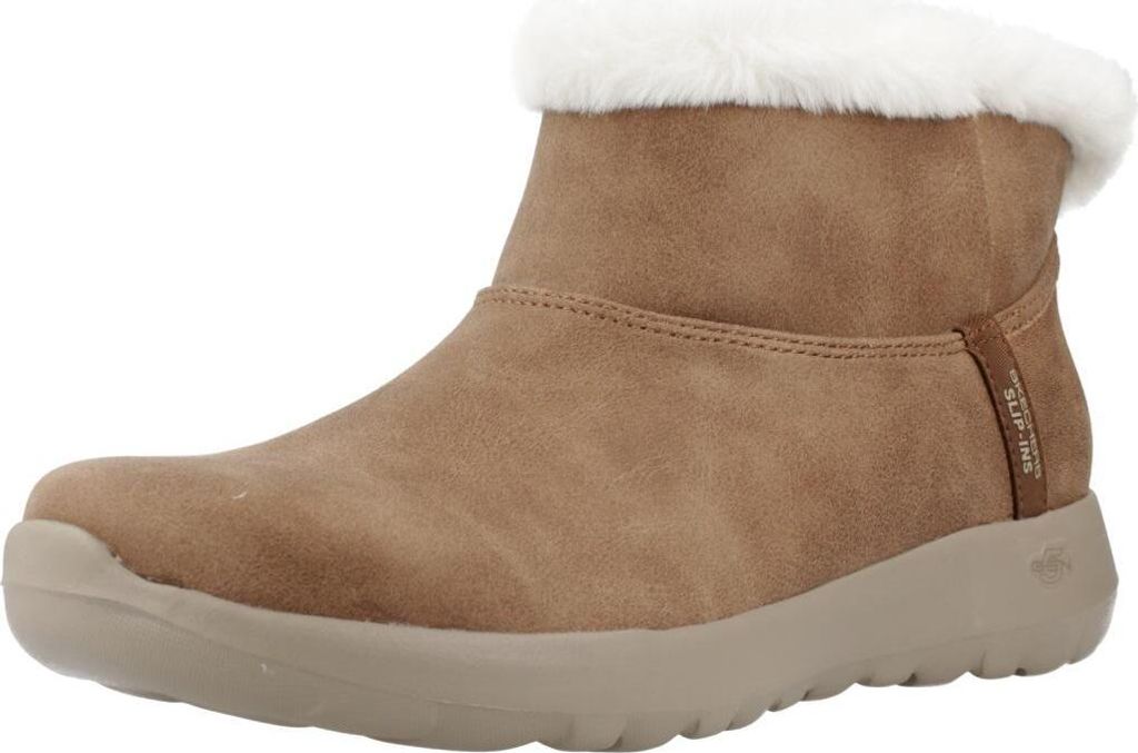 A single brown boot with white fur trim is shown against a white background.
