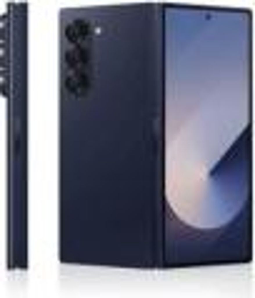 A dark blue Samsung Galaxy Z Fold6 smartphone is shown from two angles against a white background.