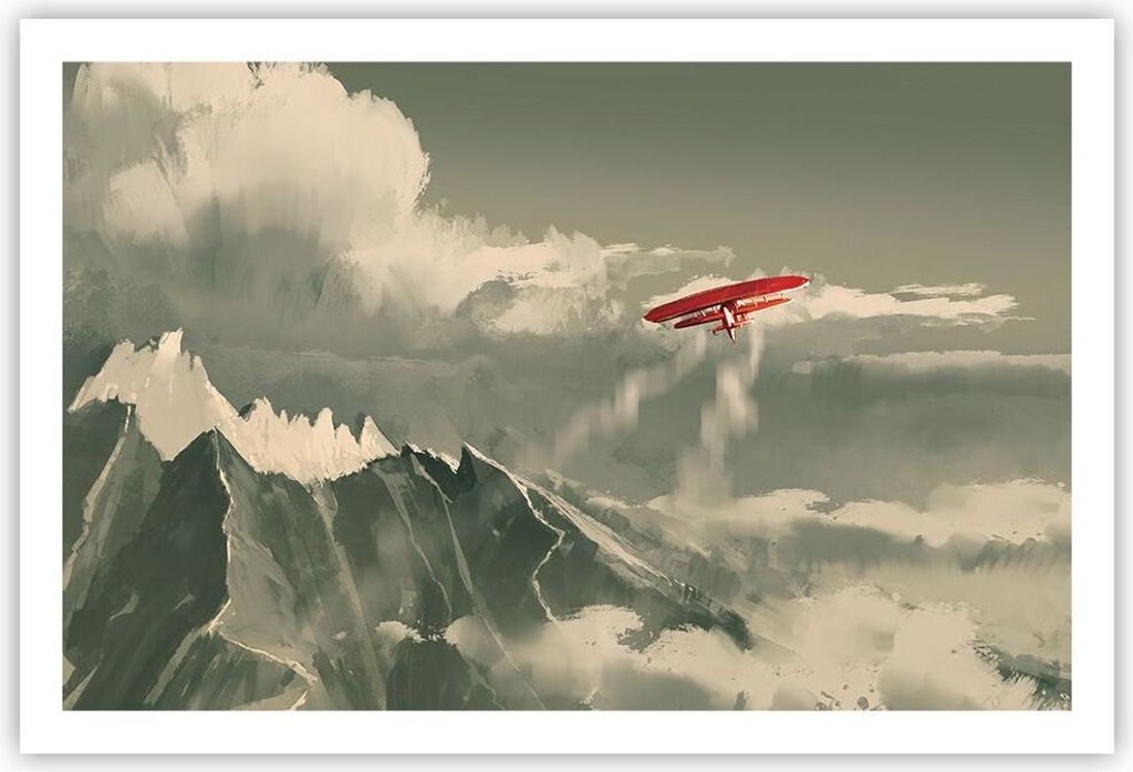 Poster - Poster ohne Rahmen - Rot Flugzeug Berge - 91,5x61 cm - Wand Bild - Wanddeko - Wandbilder - Kunstposter - Wandposter - Bilder - Kunstdruck ...
