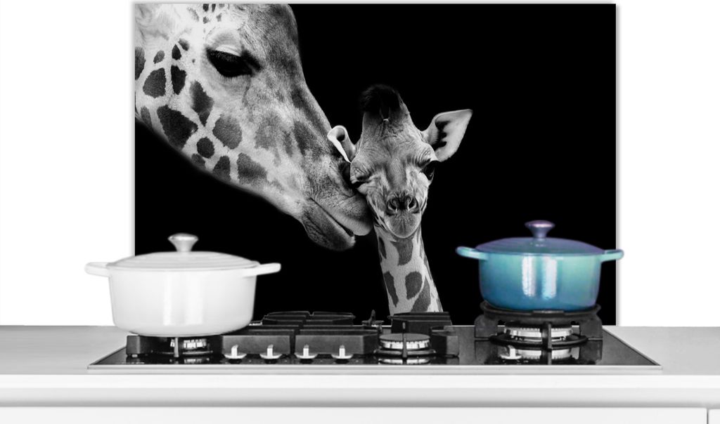 KitchenYeah Spritzschutz Küche - Küchenrückwand - Wandschutz für Herd und Spüle - Tiere - Schwarz - Weiß - Giraffe - Porträt 90x60 - Alu-...