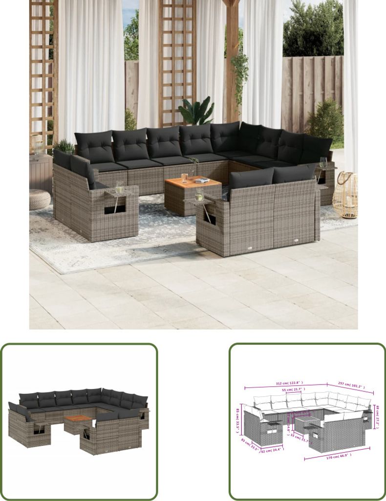 The Living Store 13-tlg. Garten-Sofagarnitur mit Kissen Grau Poly Rattan