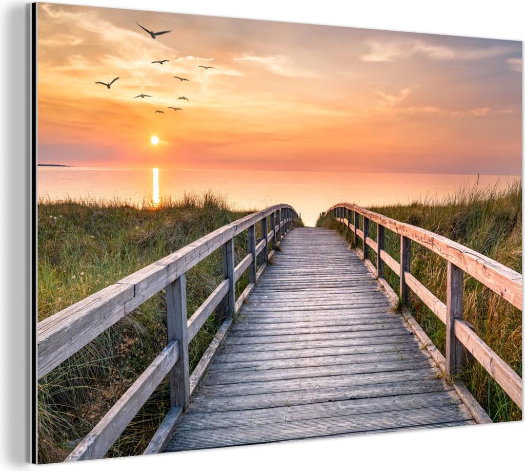 MuchoWow Wanddekoration Metall Metallbild Wandkunst 60x40 cm Sonnenuntergang - Meer - Weg - Gras - Düne - Vögel MuchoWow Aluminium Gemälde - Gem...