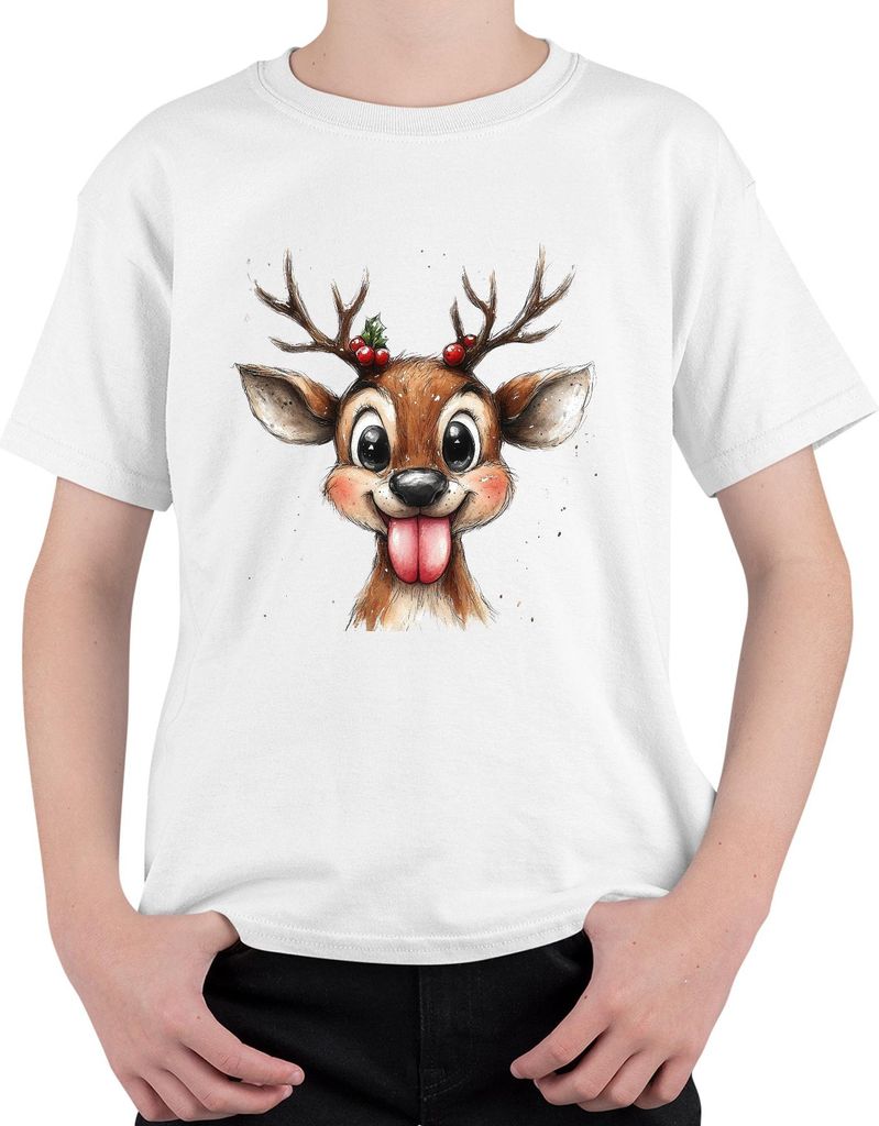 Rentier mit herausgestreckter Zunge Weihnachten Niedlich Geschenk Uni Kinder T-Shirt, Weiß, 140