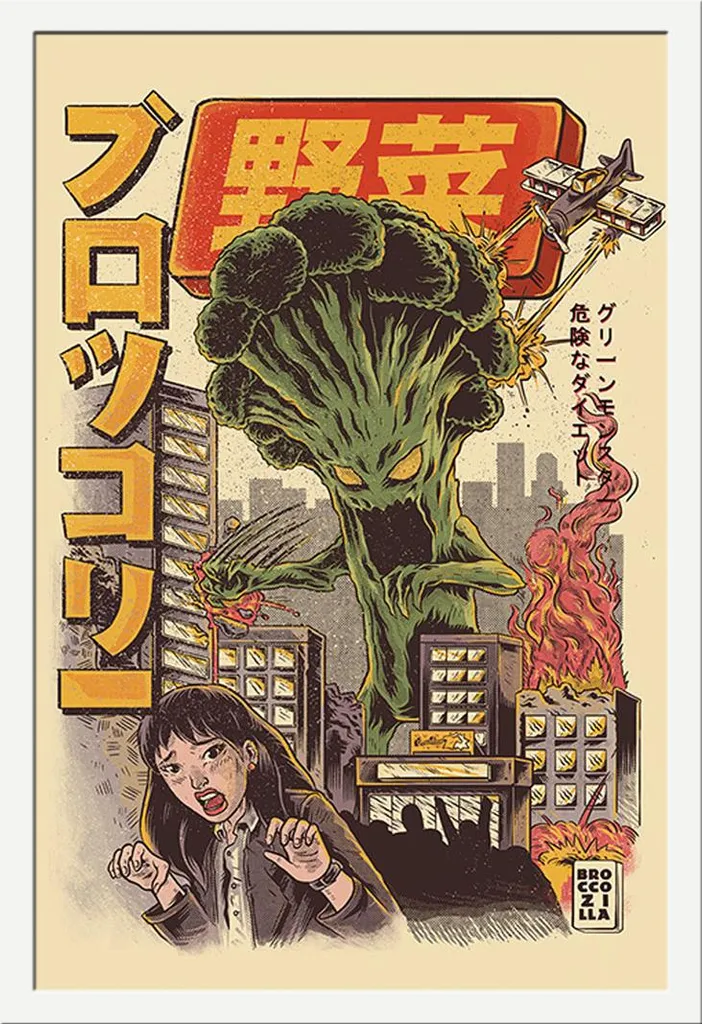 Ilustrata - Poster - Broccozilla + cornice rimovibile, Shinsuke® Maxi MDF bianco, vetro acrilico