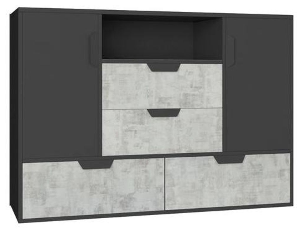 Masseno Kommode CORTINA 120 cm Sideboard mit 4 Schubladen und 2 Türen für Wohnzimmer Schlafzimmer Modern 120x40x85 cm Graphitfarben / Hellgrau