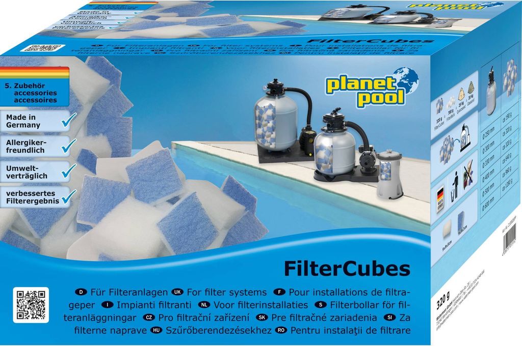 A product box for "FilterCubes" showing a diagram of pool filtration equipment and the product itself.