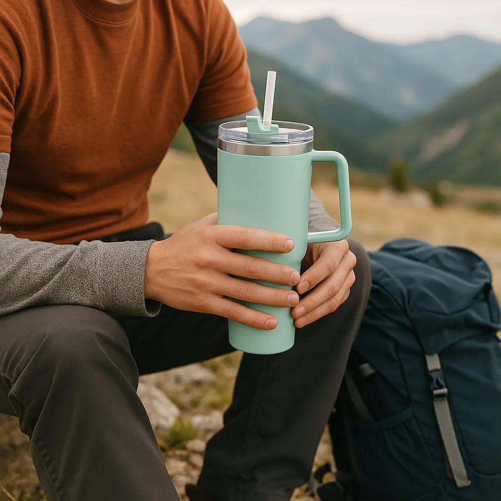 LoFone Tazza termica da viaggio con cannuccia in acciaio inox, a doppia parete, per bevande fredde o calde (rosa blu) da 500 ml